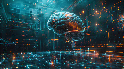 A surreal depiction of a human brain merging with a digital data warehouse, symbolizing the subconscious mind storing vast information.