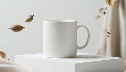 A classic white mug elegantly showcased on a matte white platform, symbolizing sustainability and eco-friendliness in a mockup for Earth Day celebration.