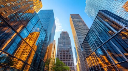 Obraz premium A city skyline featuring tall buildings against a clear blue sky, showcasing urban architecture and a vibrant atmosphere.