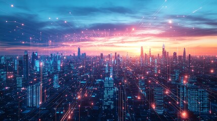 Fototapeta premium Futuristic smart city concept with interconnected digital networks