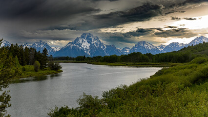 A majestic view of the Grand Tetons from Oxbow bend in Wyoming