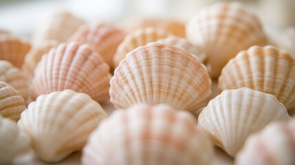 A detailed close-up view of various shells arranged on a table, showcasing their unique textures and colors in natural light.