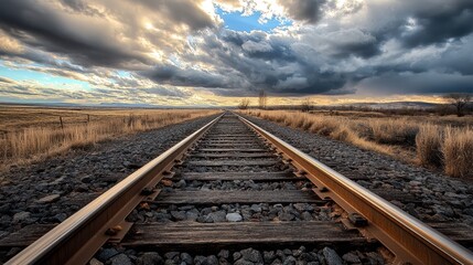 Fototapeta premium A train track stretches through a vast green field, highlighting the contrast between man-made structures and natural landscapes.