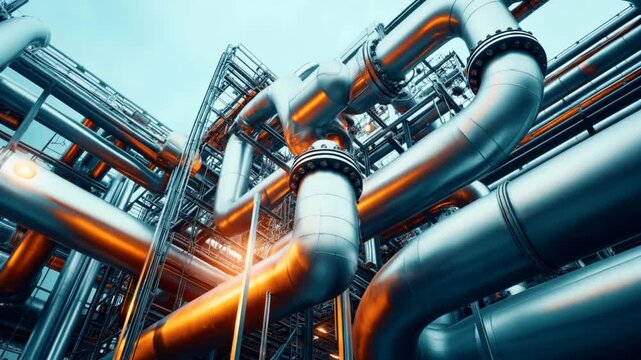 Industrial complex with interconnected metal pipes and structural framework, showcasing modern engineering and infrastructure in a factory setting under a clear sky.