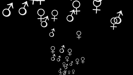 The men and women symbols or signs floating and ascending on a black background, representing gender equality, unity, and the balance between masculinity and femininity in a dynamic and symbolic way
