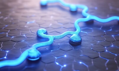 Blue energy flow on hexagonal grid, tech background