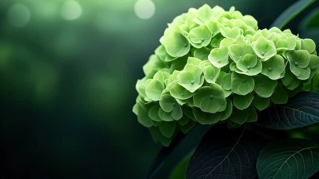 Close-up of green hydrangea flower cluster with detailed petals and leaves against blurred background