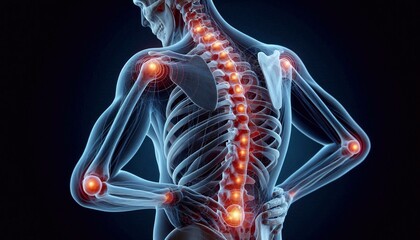 3D visualization of the skeletal system showing areas of chronic pain throughout the body