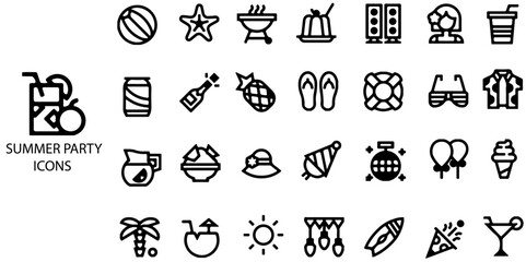 Summer party simple concept 28 icons set. Contain such party food, travel, tree, hand, illustration, light and more .Vector illustration.