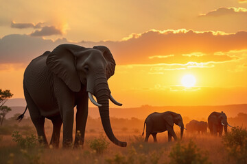 Fototapeta premium African elephant (Loxodonta africana) in savanna at sunset