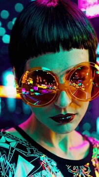 Vibrant neon reflections on fashionable woman in urban nightlife scene