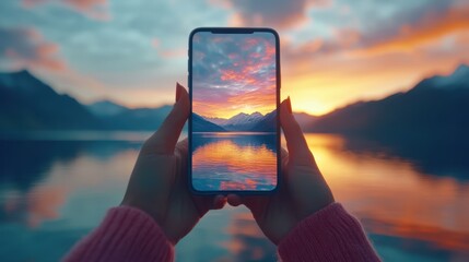 A person raises a phone to capture a vibrant sunset, showcasing the beautiful colors and serene ambiance of the evening sky.