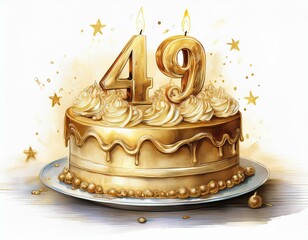 Illustration of decorated gold cake for birthday or anniversary party. Number 49, forty-ninth birthday celebration