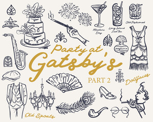 Hand drawn whimsical style Roaring 20s Great Gatsby party illustration set, vector collection