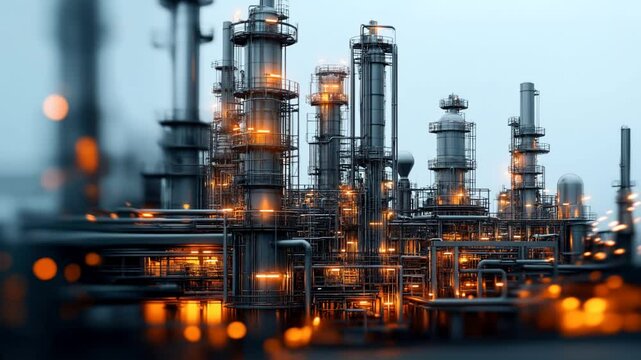 Industrial oil refinery complex with tall metal towers and bright lights on a clear day, featuring intricate pipework and structures.