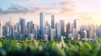 Fototapeta premium A cityscape with a green background and a city skyline