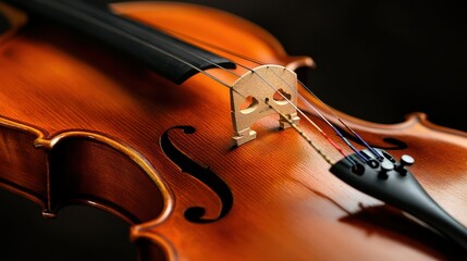 Fototapeta premium A close-up view of a violin accompanied by a bow, set against a sleek black background, highlighting the instrument's elegance and craftsmanship.