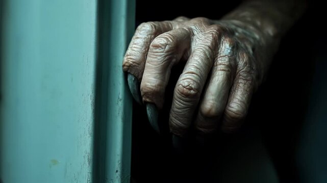 Close-up of a wrinkled hand with long, sharp claw-like nails emerging from a dark background, suggesting a creature or monster concept.