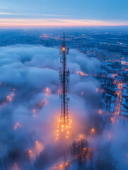 Obraz premium Towering Above the Clouds: An aerial perspective captures a telecommunications tower piercing through a sea of ethereal clouds at dusk.