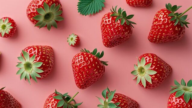 Top down view of many fresh ripe strawberries on a solid pink background