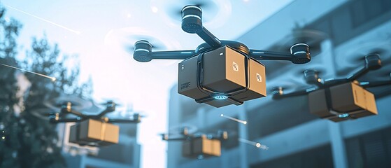 Drones Delivering Packages in Urban Environment: A Modern Logistics System Showcasing Efficient Drone Delivery in Action