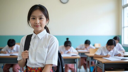 Smiling asian student with backpack in a classroom with classmates