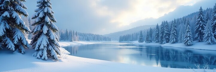Snowy trees with frozen lakes in the background, evergreen, trees