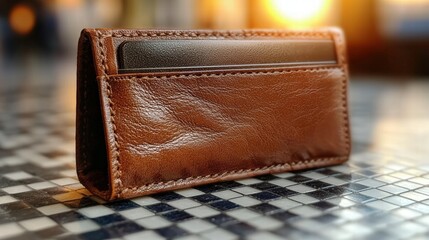 Stylish brown leather wallet resting on a tiled floor with textured surface