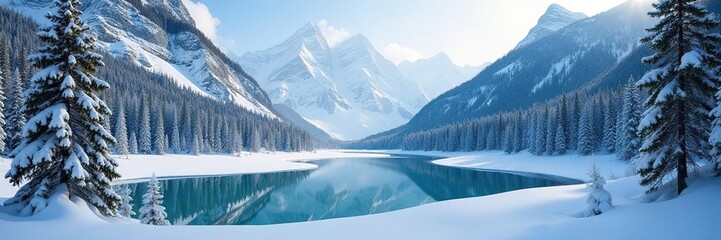 Snowy valley between mountains Kananaskis Alberta landscape frozen lake and trees, forest, snowflakes