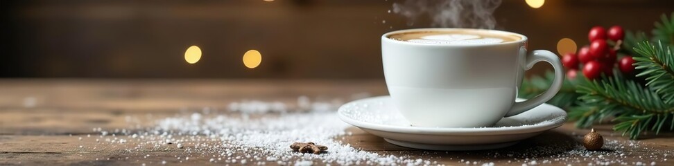 Snowy white ceramic cup on a rustic wooden table, Christmas decorations, Christmas coffee, decoration