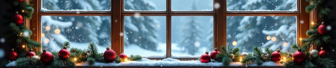 Snowy windows with festive ornaments and garlands, winter decorations, frozen panes