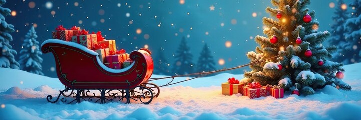 Snowy winter landscape with a sleigh filled with colorful boxes, presents, presents under tree