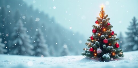 Snowy winter scene with Christmas tree on white background, red and green colors, christmas tree, festive mood
