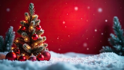 Snowy winter scene with red background, Christmas tree and ornaments, lights, festive, holiday