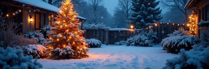Snowy yard with a lit up Christmas tree and frozen garden, snow, plants, festive