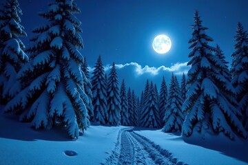 Snowy woods under a full moon shining brightly in the night sky, night, winter, woods