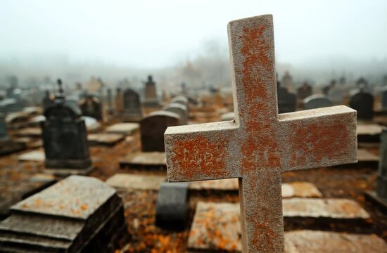 Old, weathered gravestone cross in the foreground with a misty, blurred background of a cemetery filled with numerous tombstones and grave markers.