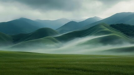 Fototapeta premium Lush green field foreground with majestic mountains shrouded in mist, creating a serene and mystical landscape.