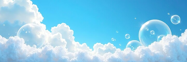 Soap foam bubbles create a whimsical scene against a bright blue sky with puffy clouds, bright blue sky, weightless