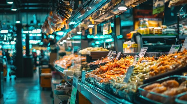A bustling seafood counter at a grocery store with neatly displayed fish and shellfish under glass. 