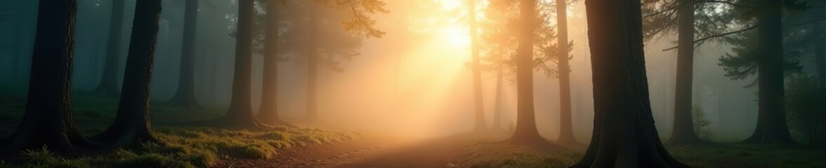 Soft beige light filtering through fog in the forest at dawn or dusk, forest, serene, solitude