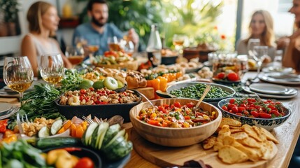 A diverse group of individuals gathers around a table filled with various dishes, enjoying a communal meal and engaging in lively conversation.