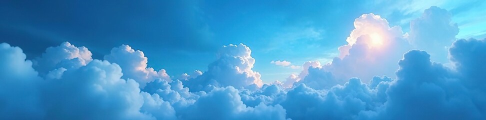 Soft blue clouds float above a stormy sky with fluffy white cumulus, clouds, neon, blue