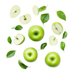 Flying Apple isolated on white background Ripe fresh apple Clipping Path Green Apple with leaf
