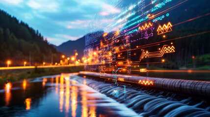 Vibrant Abstract Representation of Dynamic Data Flow Above a Tranquil River at Dusk Surrounded by Mountains