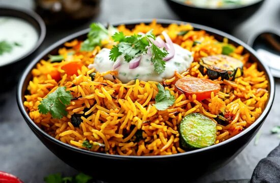 Close-up of a bowl of vegetable biryani garnished with fresh cilantro, sliced onion, and a dollop of raita. The dish includes colorful vegetables such as carrots and zucchini.