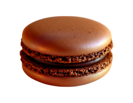 Close-up shot of a single chocolate macaron on a black background