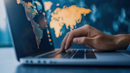 Customer experience satisfaction optimization concept. A hand using a laptop displaying a world map and data graphics.