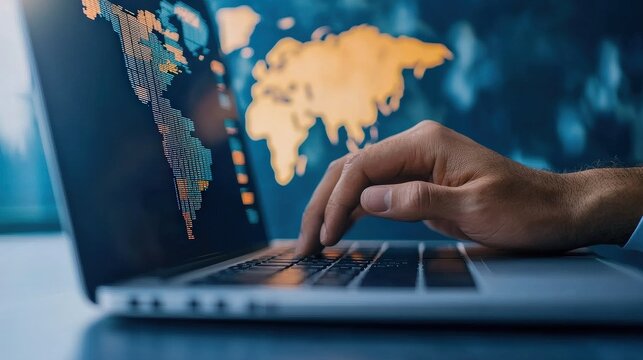 Customer experience satisfaction optimization concept. A hand using a laptop displaying a world map and data graphics.