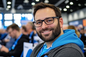 Close up picture of a happy and laughing staff or participant people group listening to a startup business owner at a trade show exhibition event Generative AI